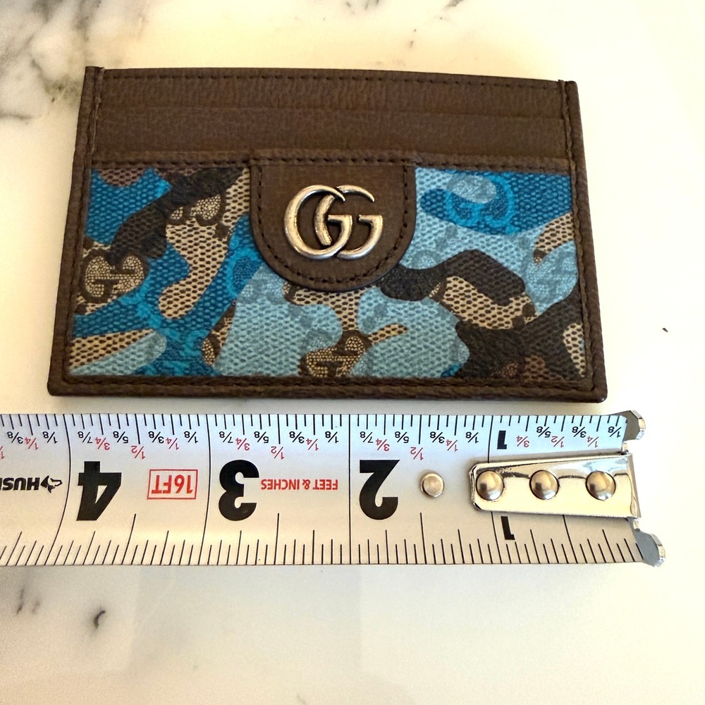 Gucci 834795 Brown Leather Blue Camo GG Supreme Canvas Card Holder Wallet - Picture 5 of 10